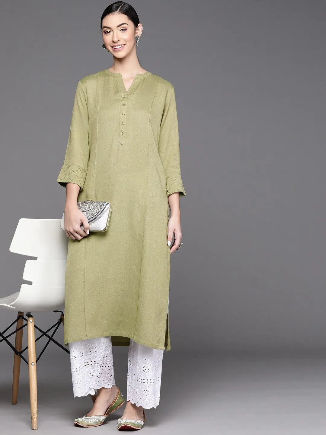 Olive Green Solid Cotton Kurta - Libas