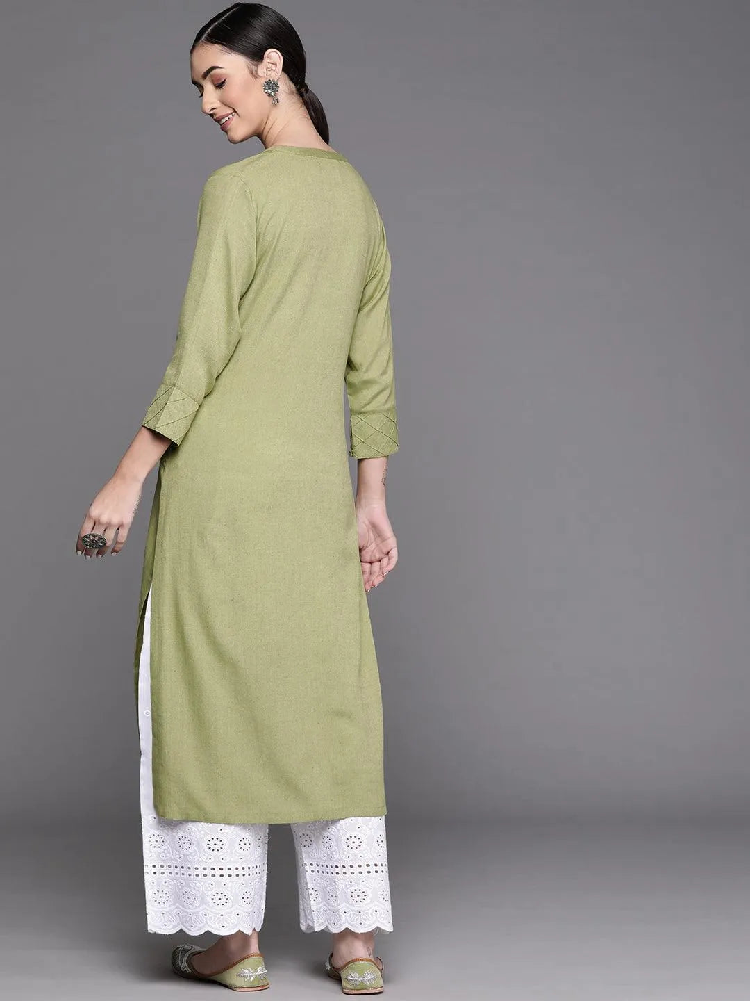 Olive Green Solid Cotton Kurta - Libas 