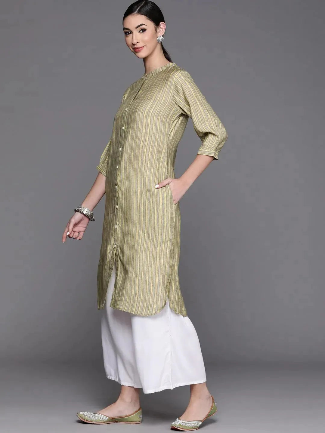 Olive Printed Chanderi Silk Kurta - Libas