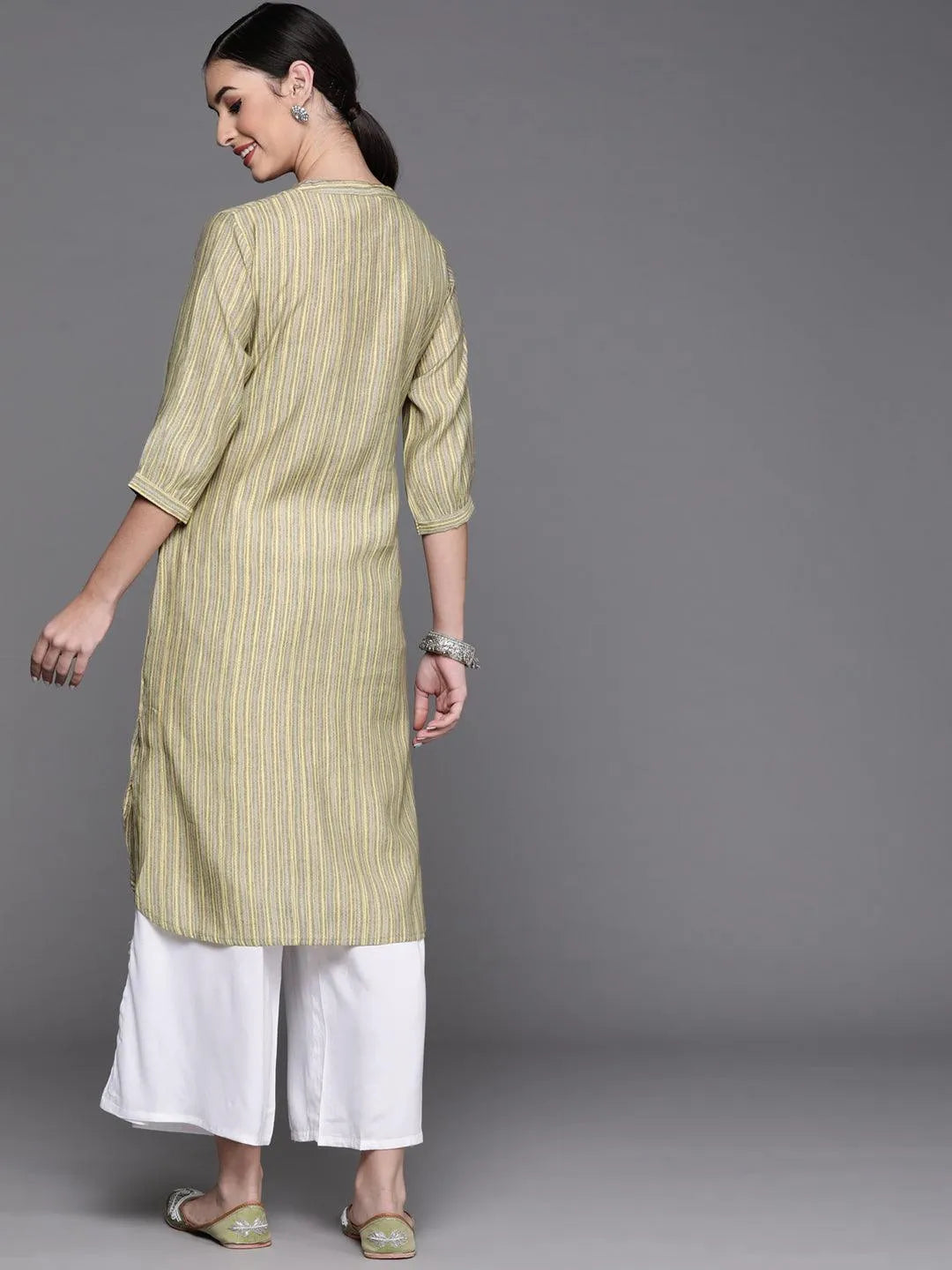 Olive Printed Chanderi Silk Kurta - Libas