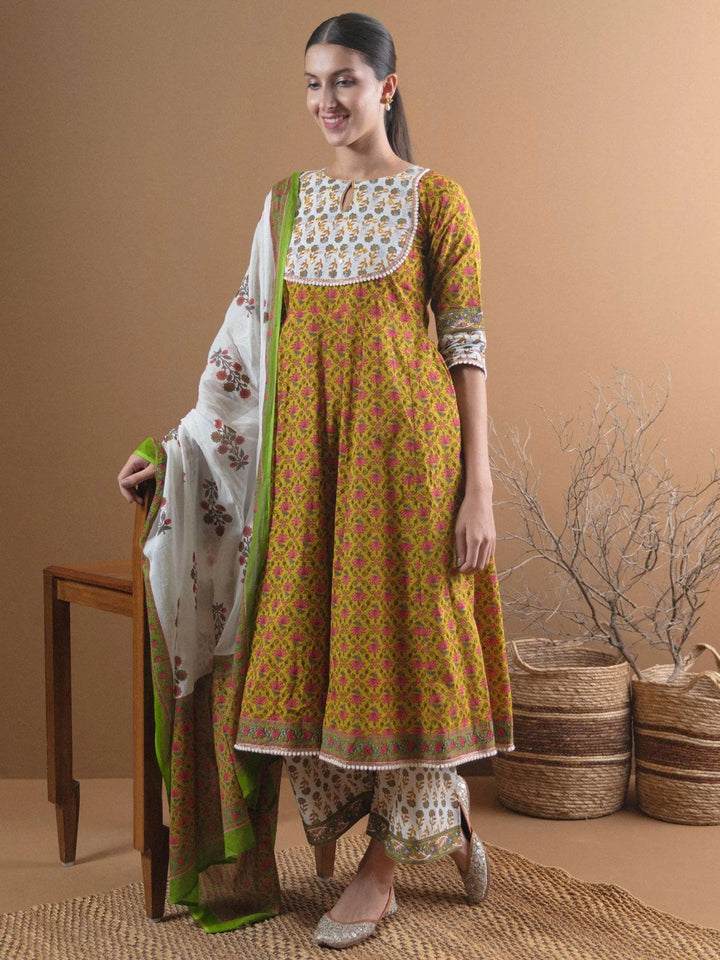 Olive Green Printed Cotton Suit Set With Mask - Libas