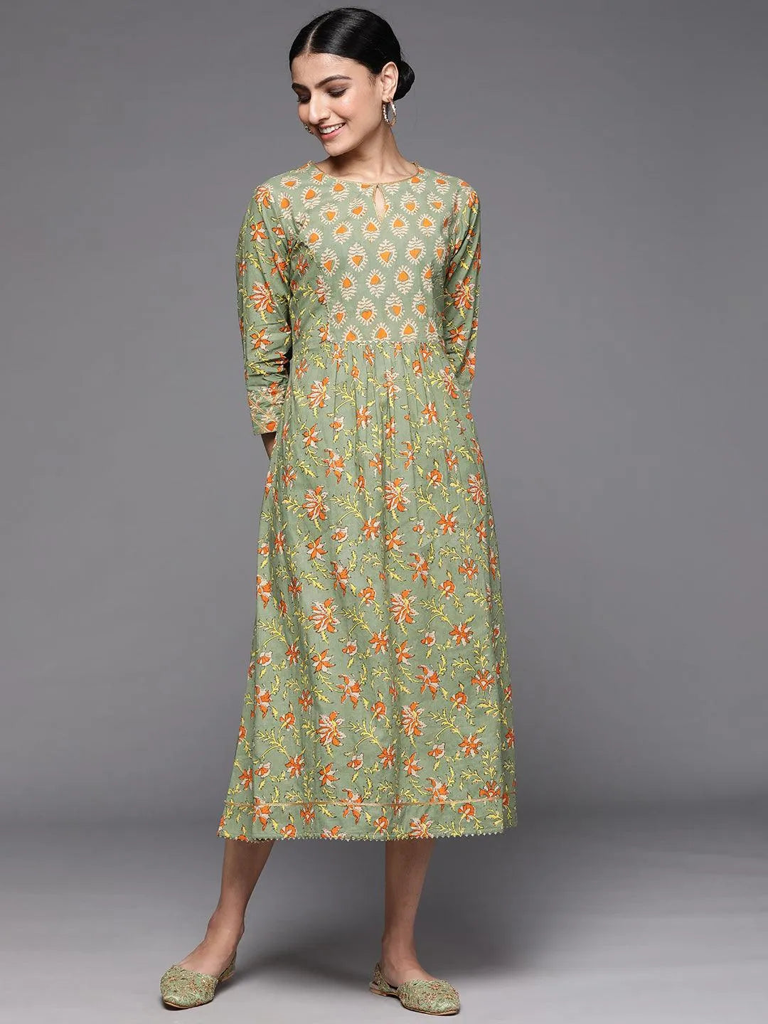 Olive Printed Cotton Dress - Libas