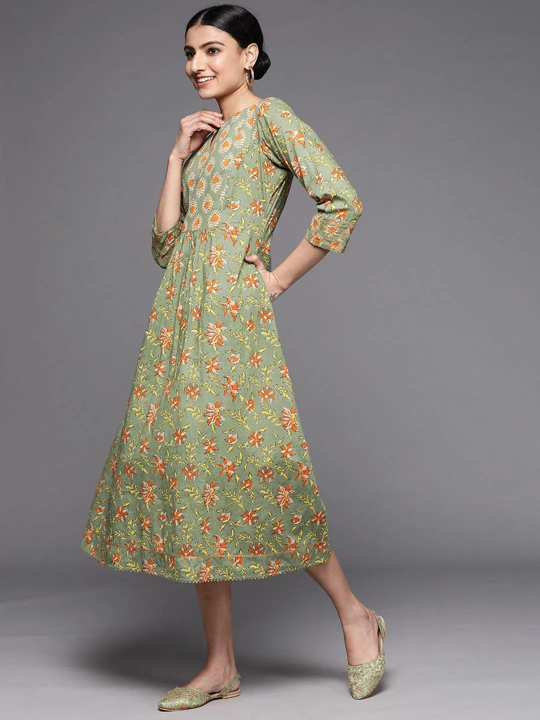 Olive Printed Cotton Dress - Libas