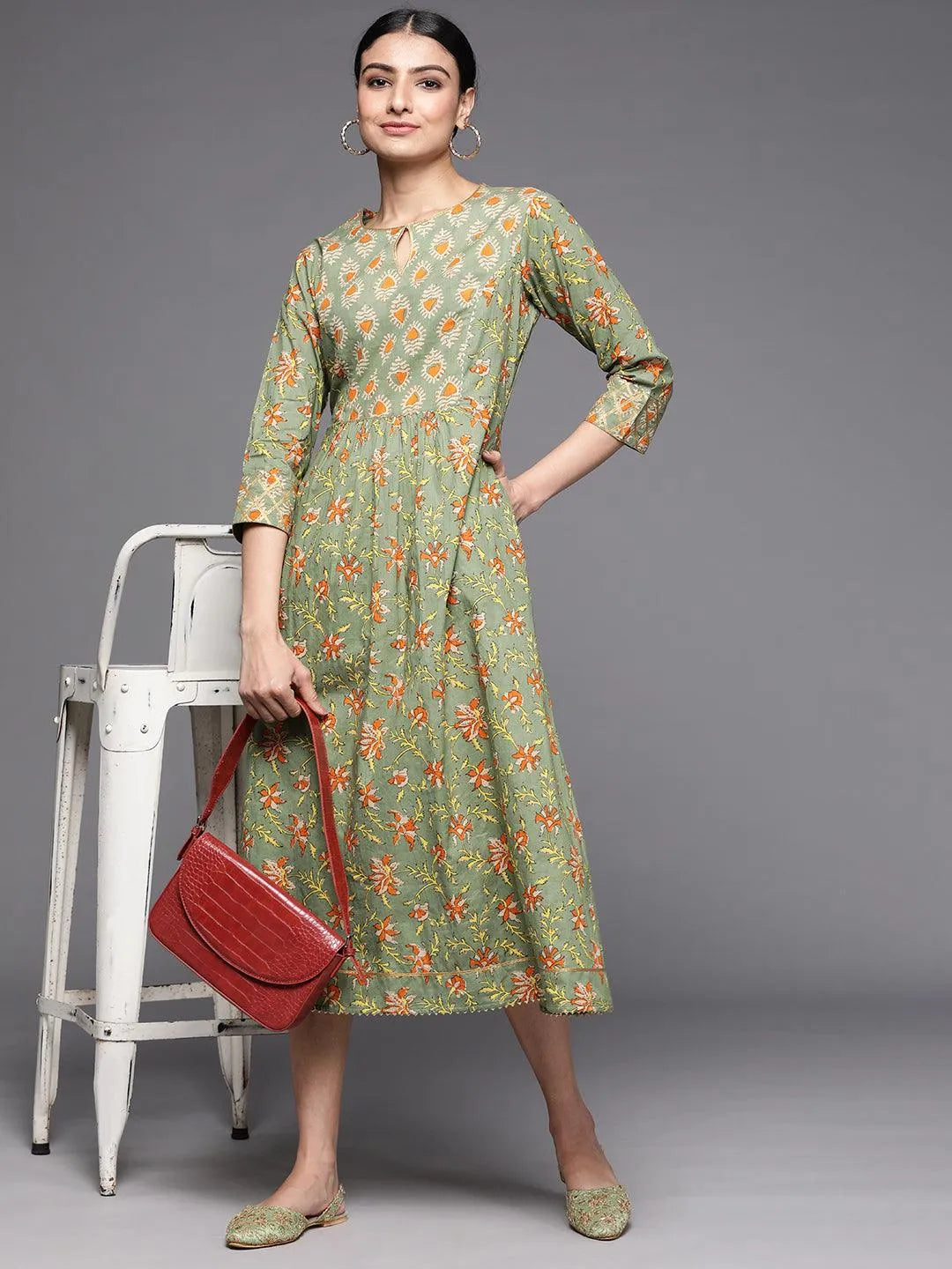 Olive Printed Cotton Dress - Libas