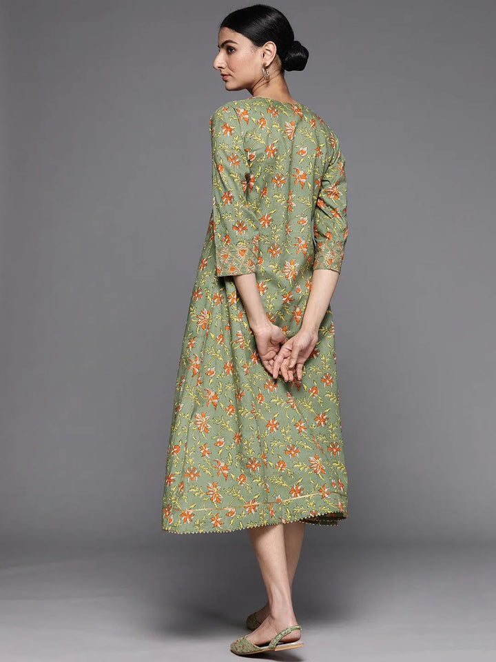 Olive Printed Cotton Dress - Libas