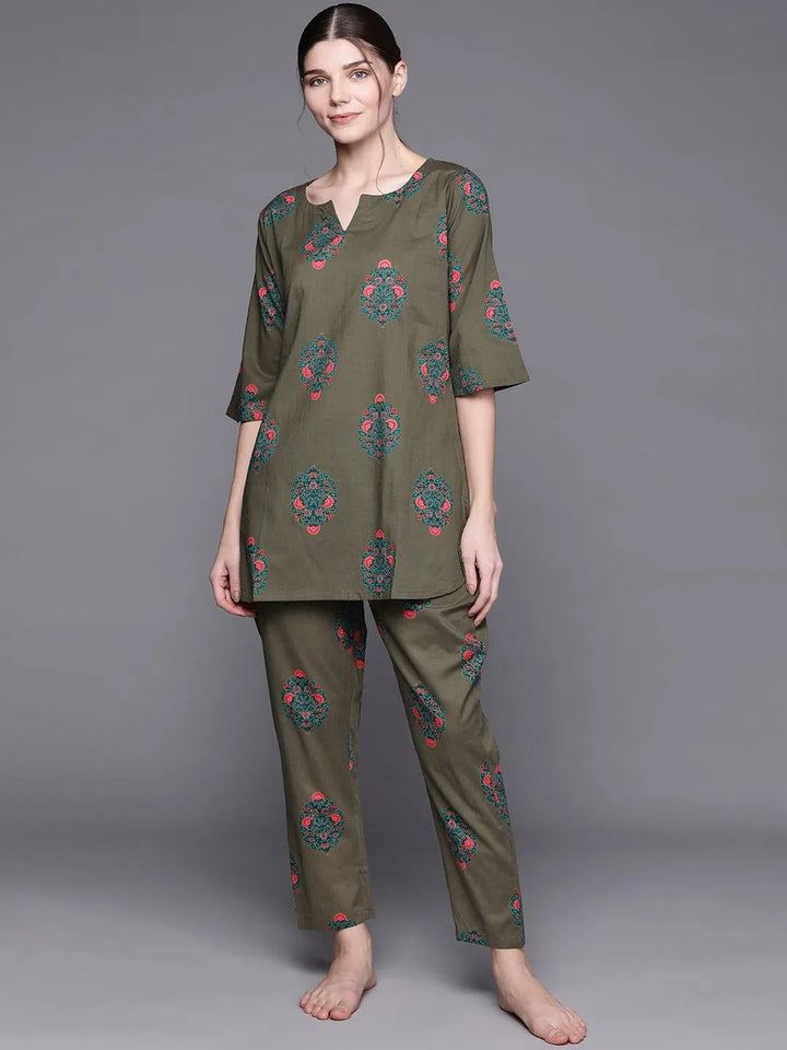 Olive Printed Cotton Night Suit - Libas