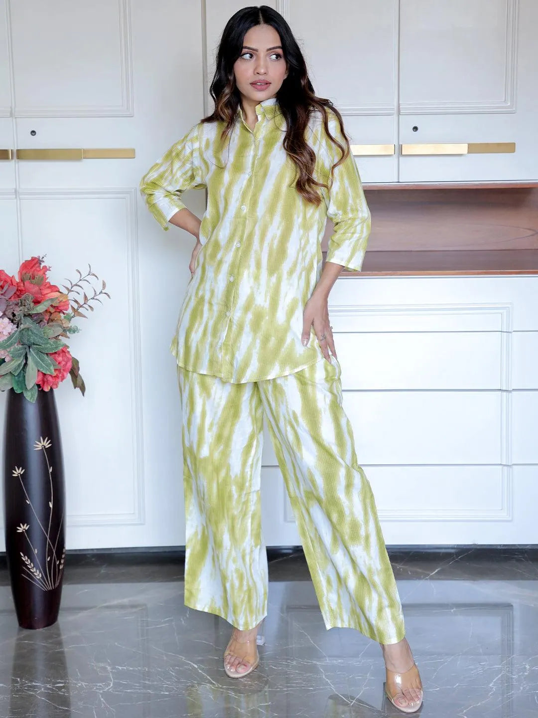 Olive Printed Cotton Night Suit - Libas 