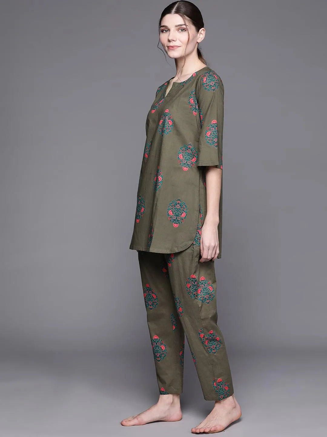 Olive Printed Cotton Night Suit - Libas 