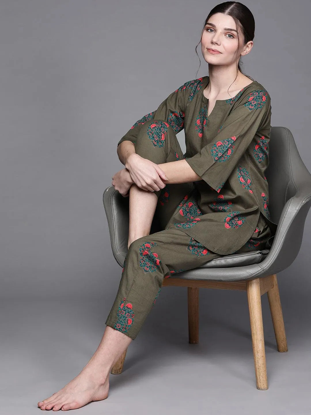 Olive Printed Cotton Night Suit - Libas 