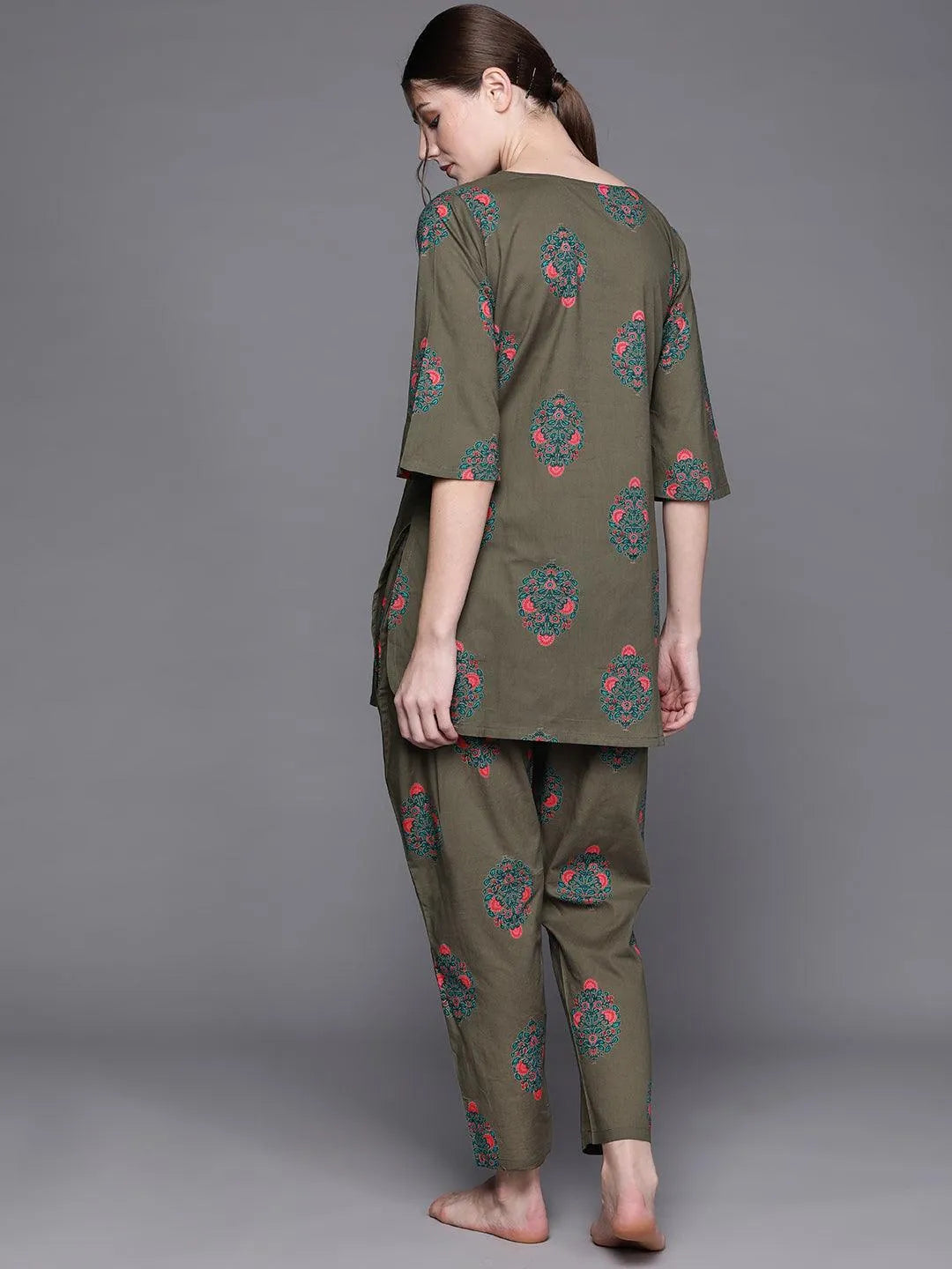 Olive Printed Cotton Night Suit - Libas 