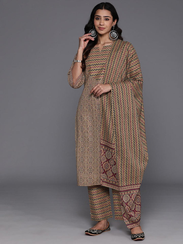 Olive Printed Cotton Straight Kurta With Palazzos & Dupatta - Libas