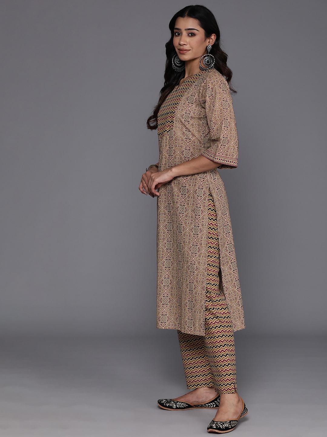 Olive Printed Cotton Straight Kurta With Palazzos & Dupatta - Libas