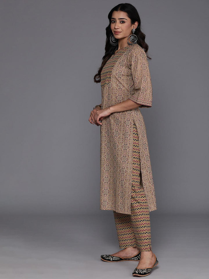 Olive Printed Cotton Straight Kurta With Palazzos & Dupatta - Libas