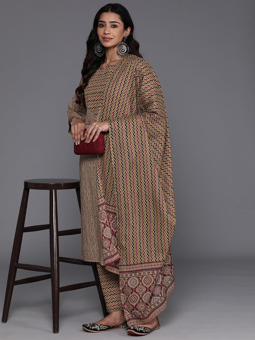 Olive Printed Cotton Straight Kurta With Palazzos & Dupatta - Libas