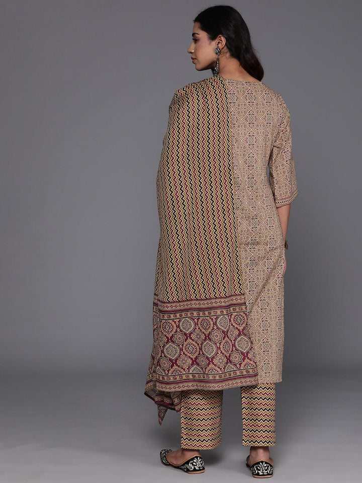 Olive Printed Cotton Straight Kurta With Palazzos & Dupatta - Libas