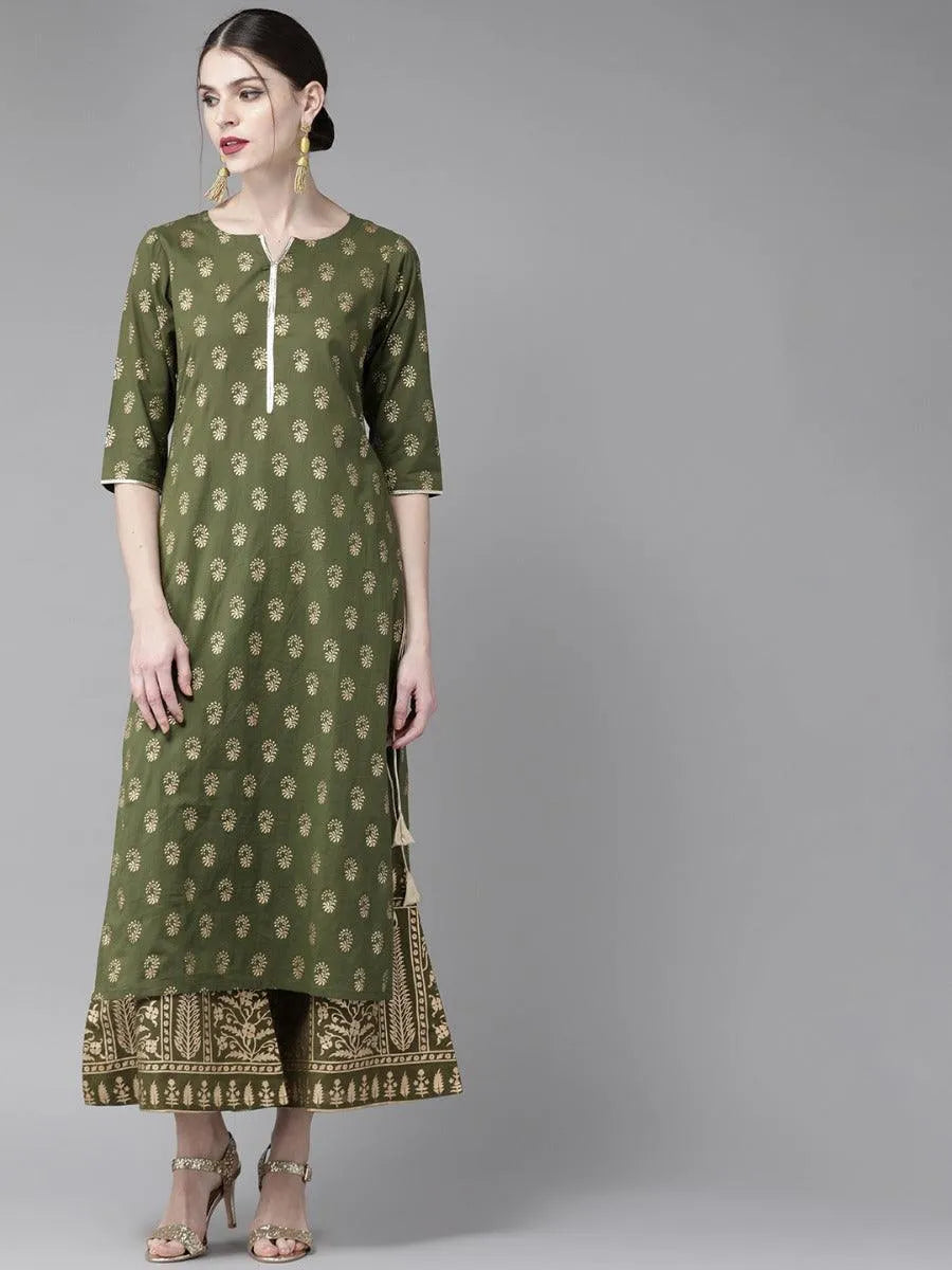 Olive Green Printed Cotton Kurta Set - Libas 