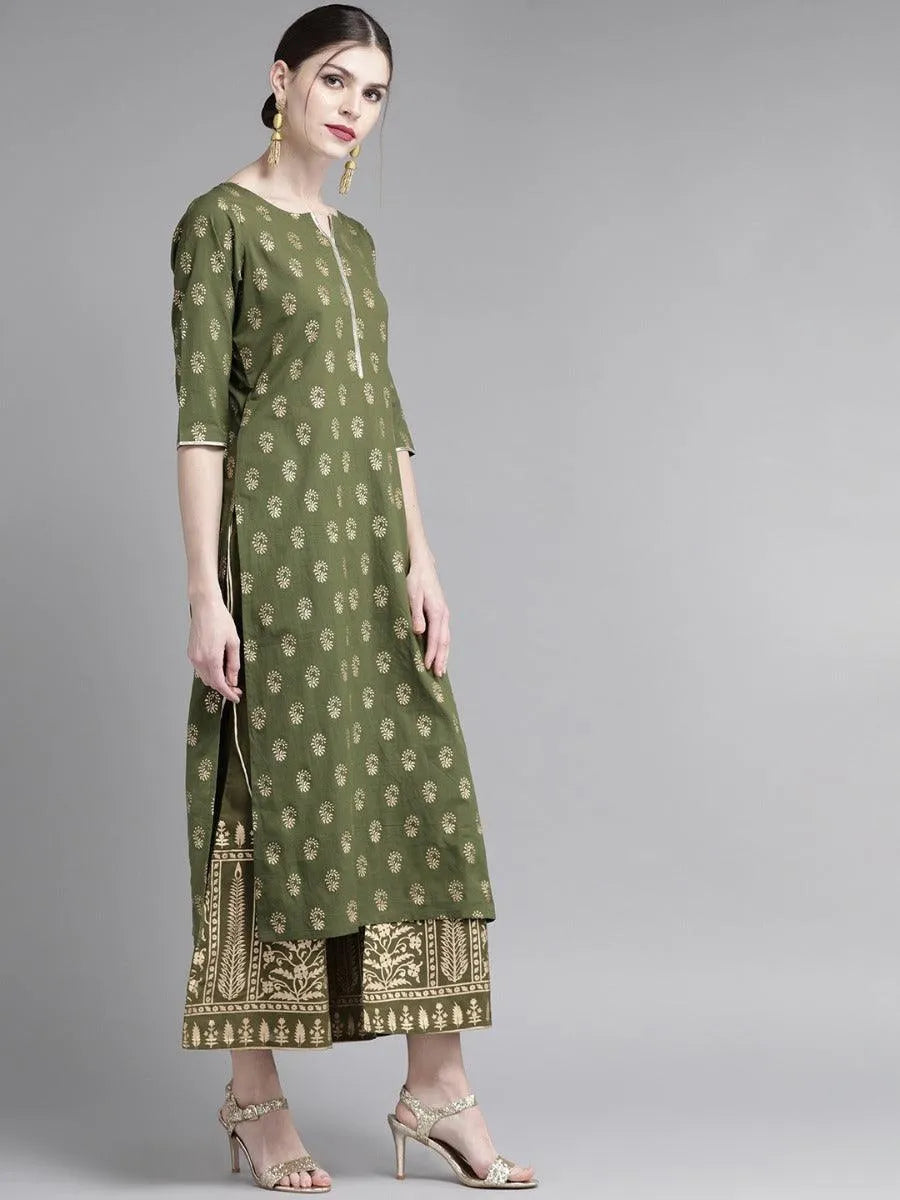 Olive Green Printed Cotton Kurta Set - Libas 