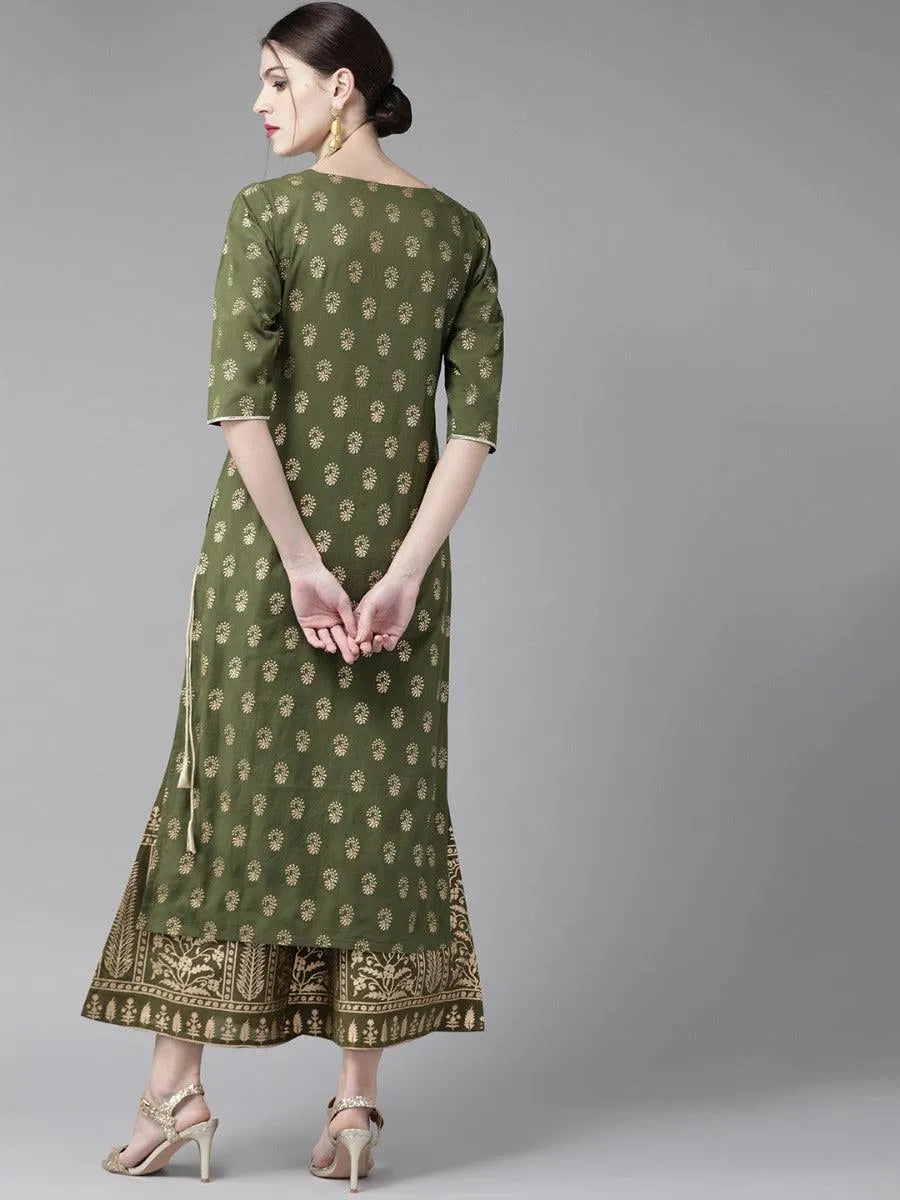 Olive Green Printed Cotton Kurta Set - Libas 