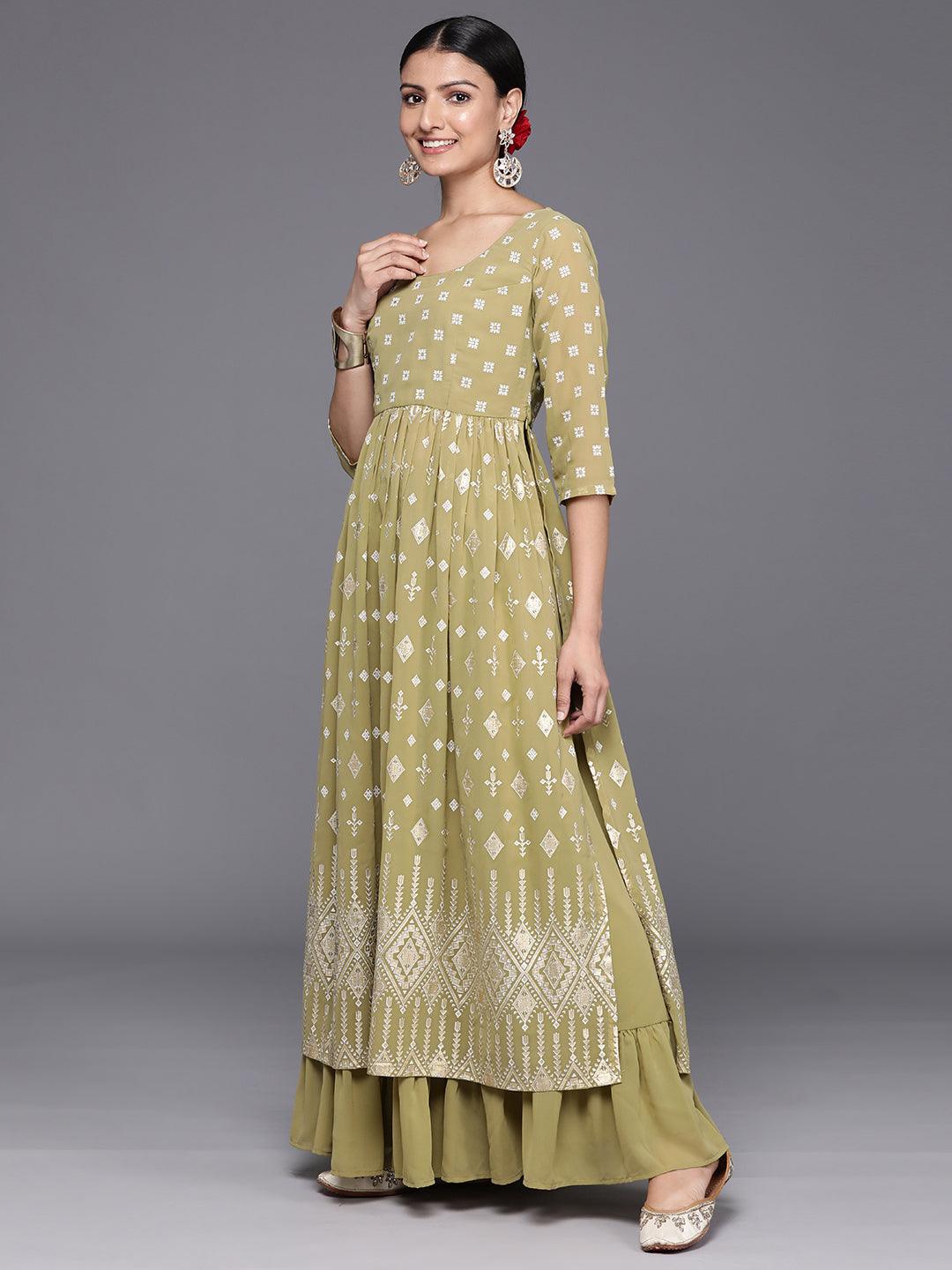 Olive Printed Georgette A-Line Kurta With Palazzos & Dupatta - Libas 