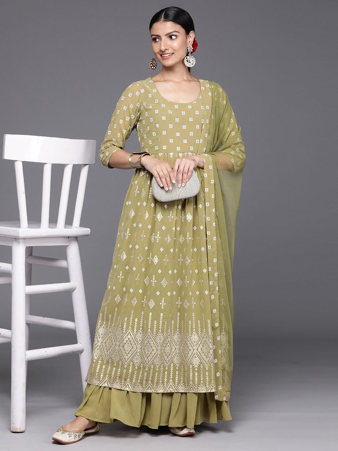 Olive Printed Georgette A-Line Kurta With Palazzos & Dupatta - Libas