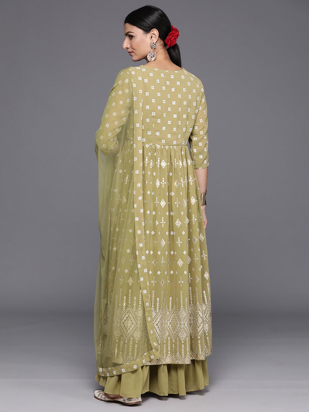 Olive Printed Georgette A-Line Kurta With Palazzos & Dupatta - Libas 