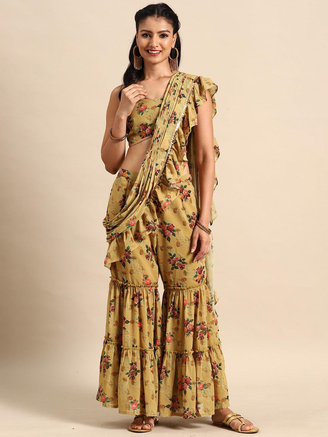 Olive Printed Georgette Palazzo Saree - Libas 