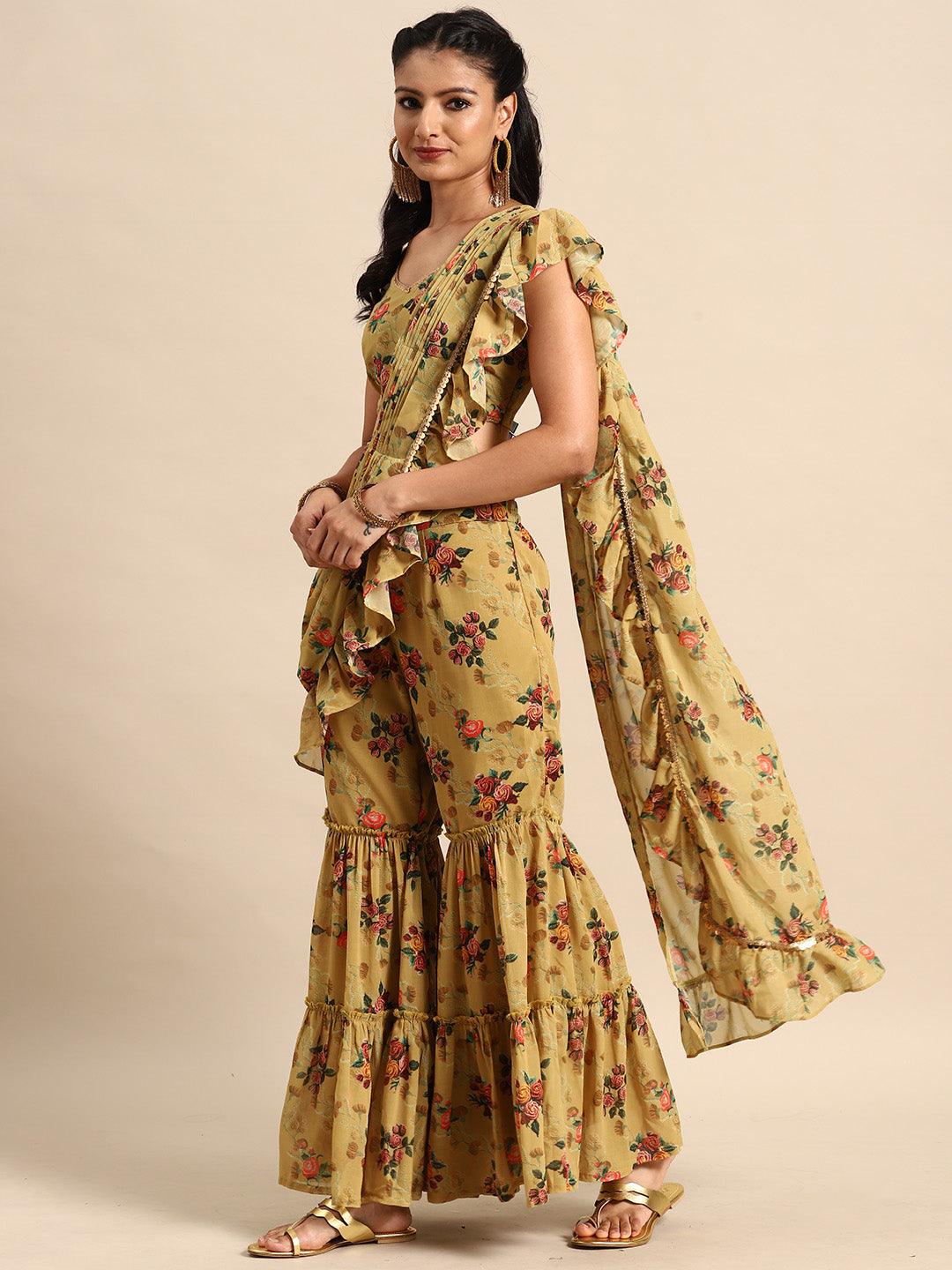 Olive Printed Georgette Palazzo Saree - Libas 