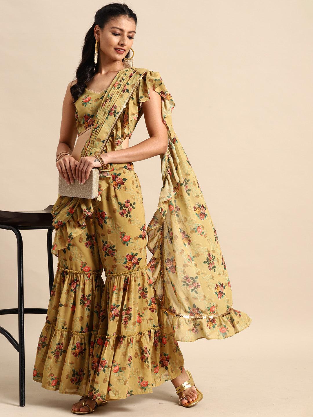 Olive Printed Georgette Palazzo Saree - Libas 