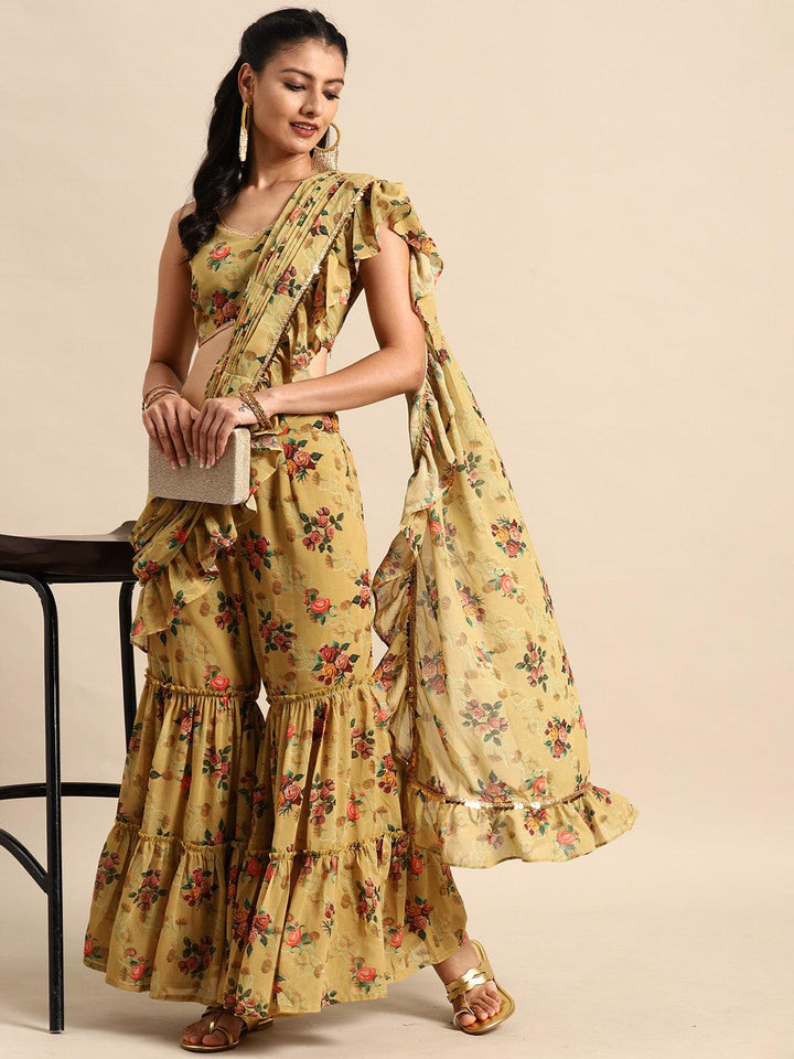 Olive Printed Georgette Palazzo Saree - Libas