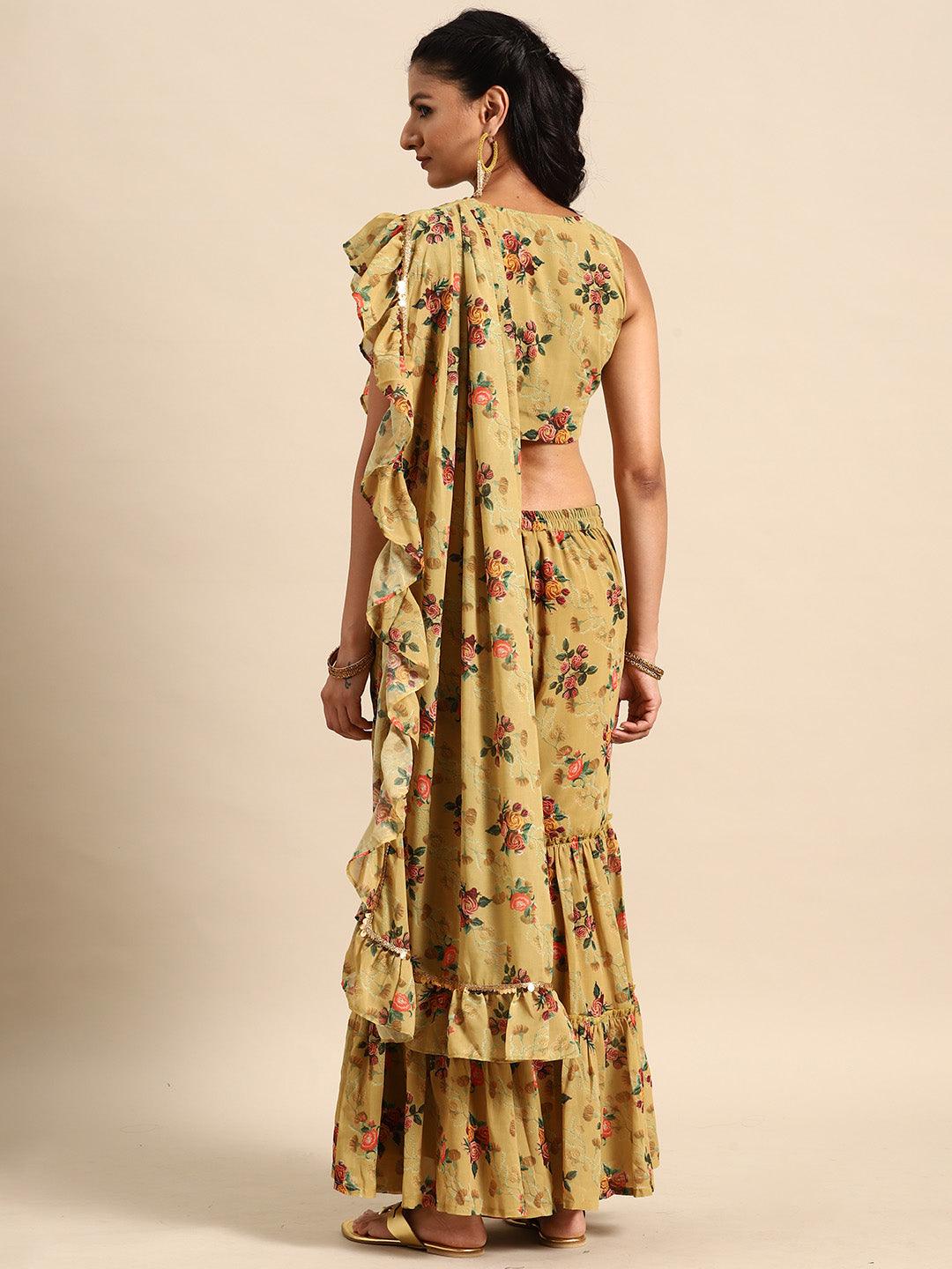 Olive Printed Georgette Palazzo Saree - Libas 