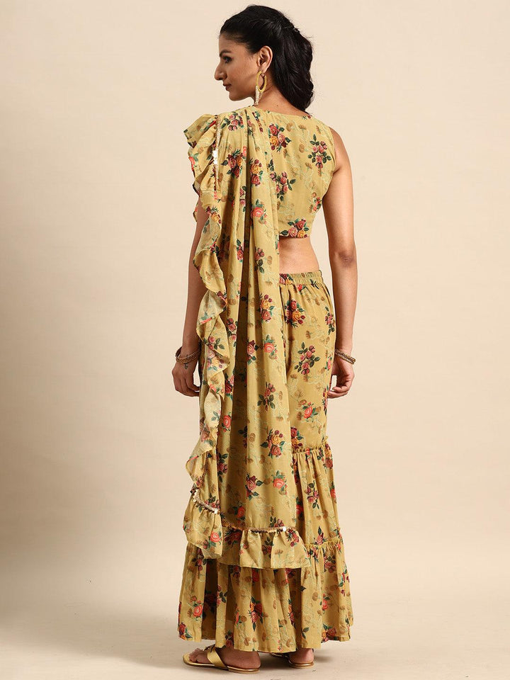 Olive Printed Georgette Palazzo Saree - Libas