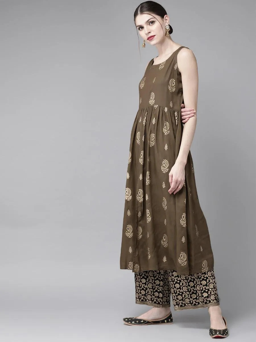 Olive Green Printed Rayon Kurta Set - Libas 