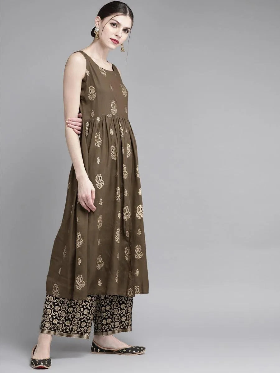 Olive Green Printed Rayon Kurta Set - Libas 