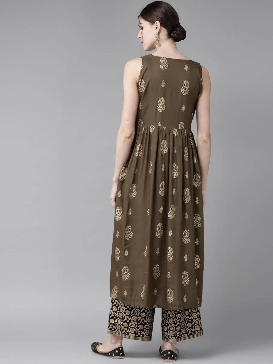 Olive Green Printed Rayon Kurta Set - Libas 