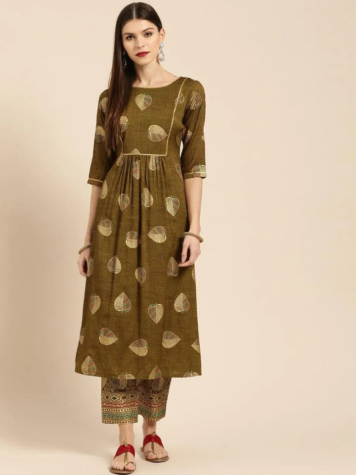 Olive Green Printed Rayon Kurta Set - Libas