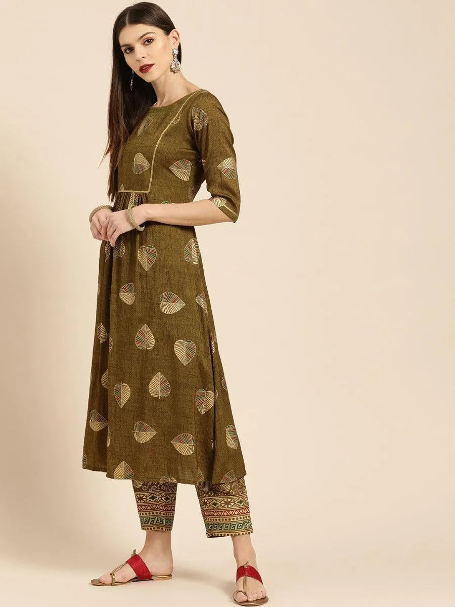 Olive Green Printed Rayon Kurta Set - Libas