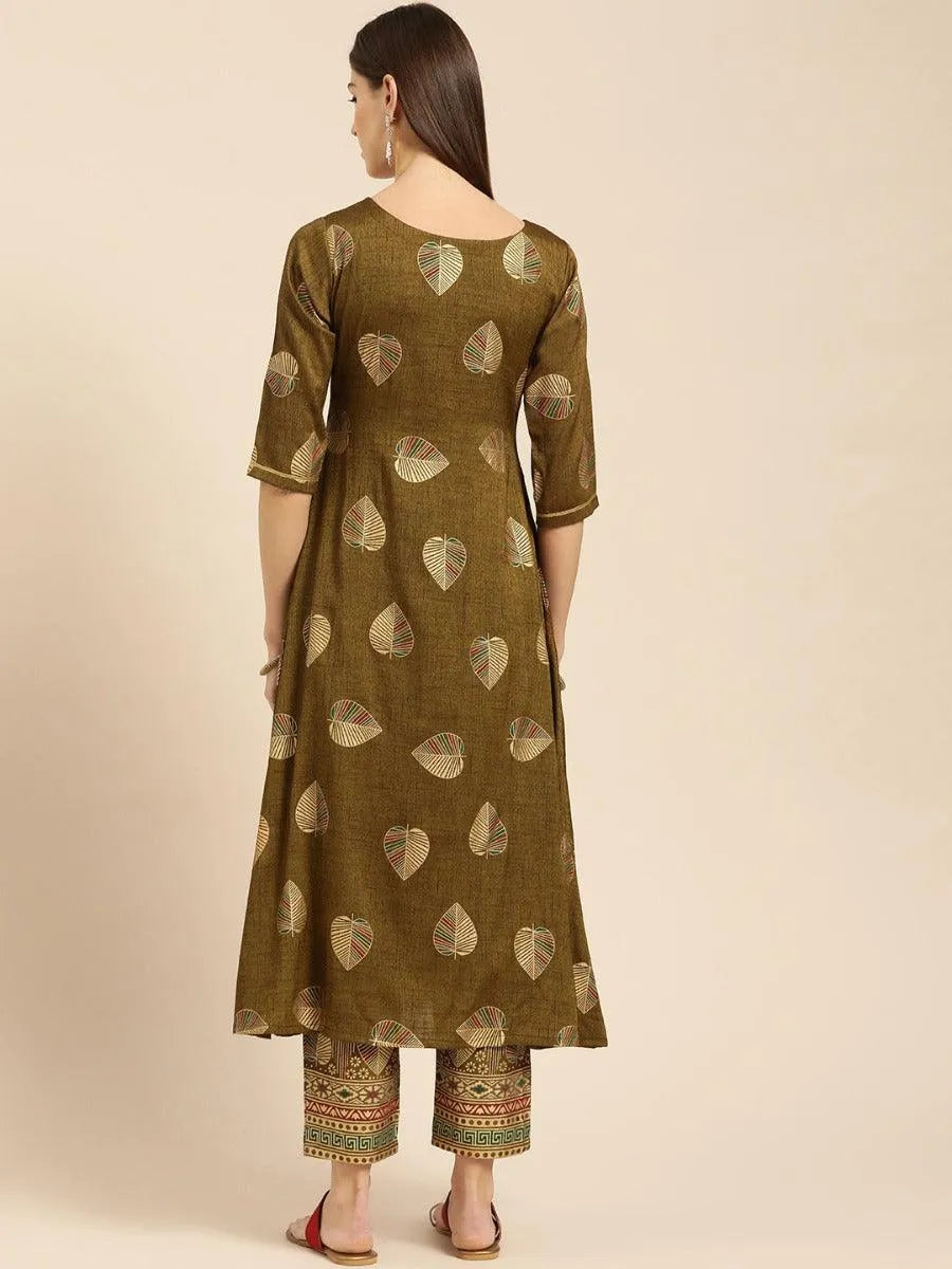 Olive Green Printed Rayon Kurta Set - Libas