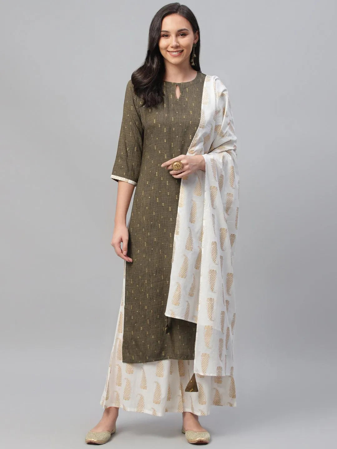 Olive Green Printed Rayon Suit Set - Libas 