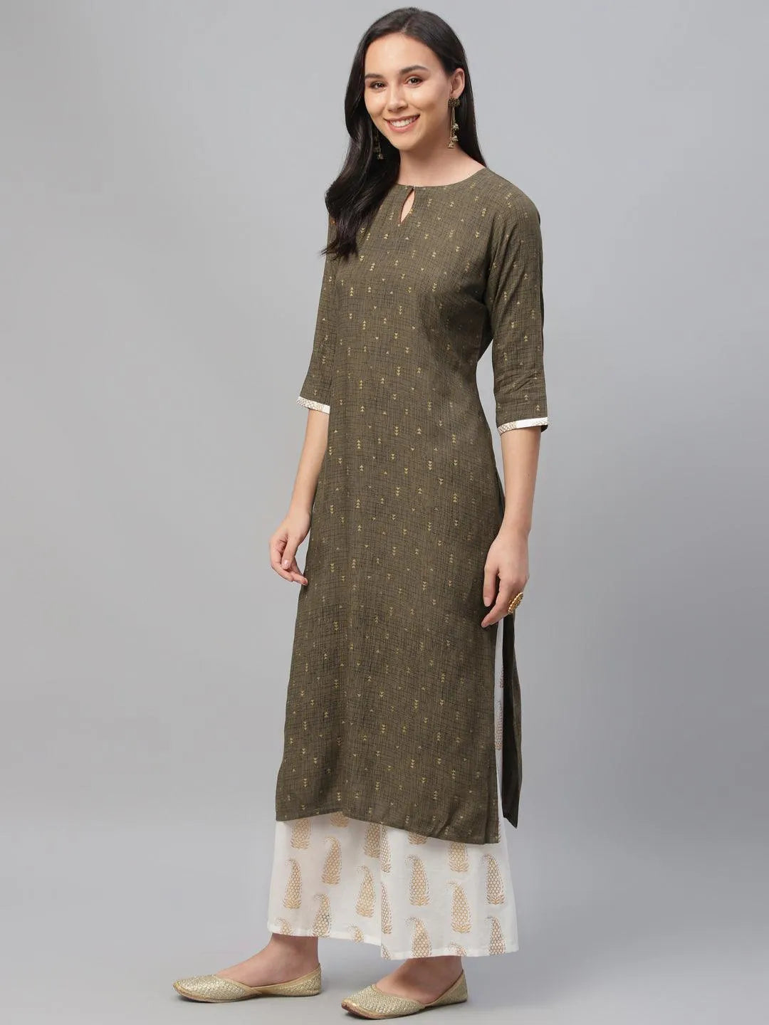 Olive Green Printed Rayon Suit Set - Libas 