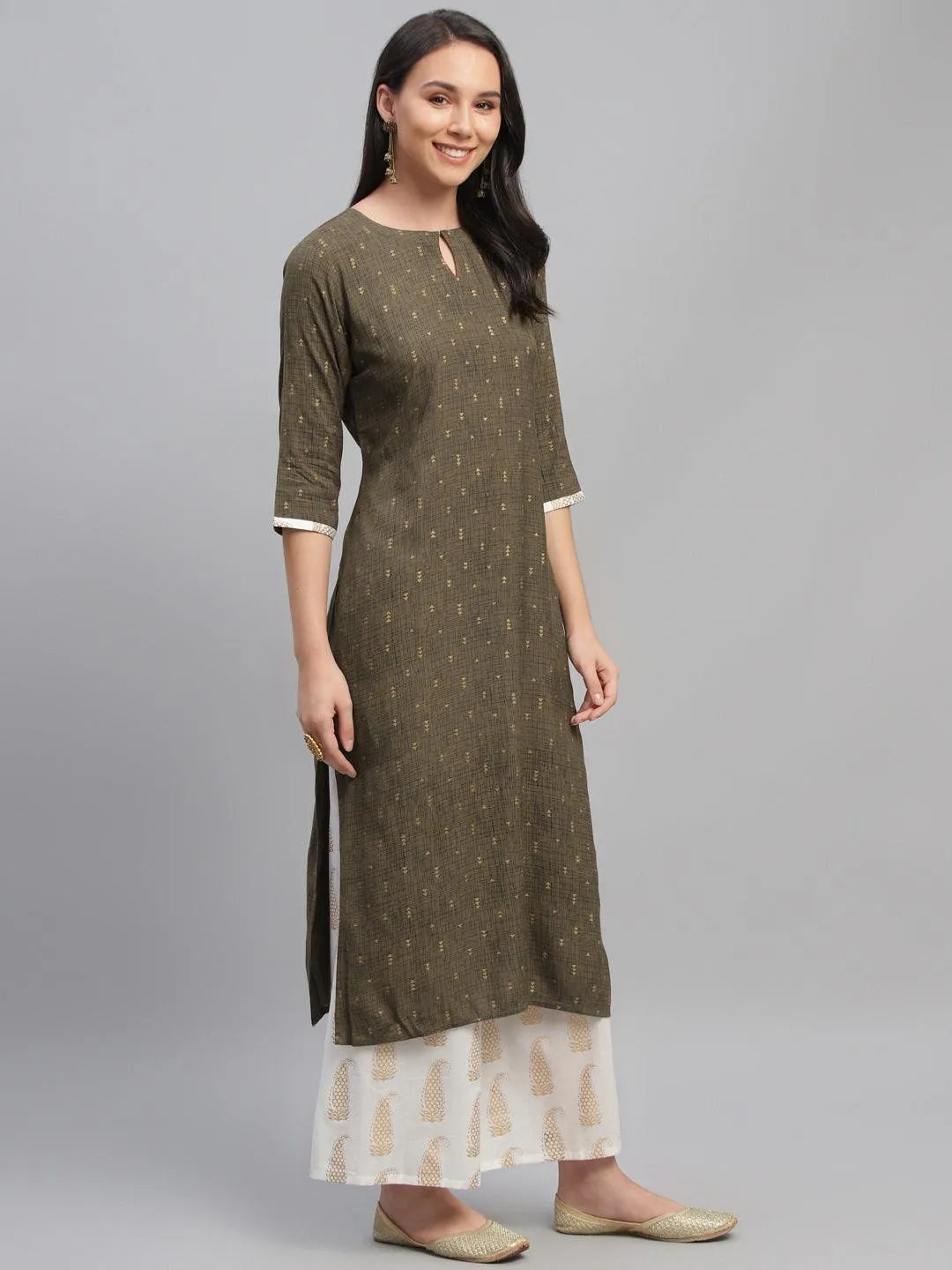 Olive Green Printed Rayon Suit Set - Libas