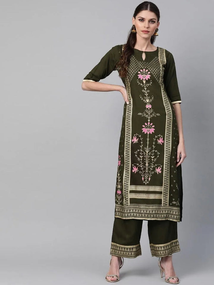 Olive Green Printed Rayon Kurta Set - Libas