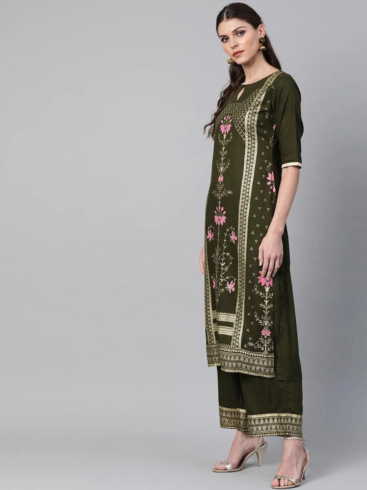 Olive Green Printed Rayon Kurta Set - Libas