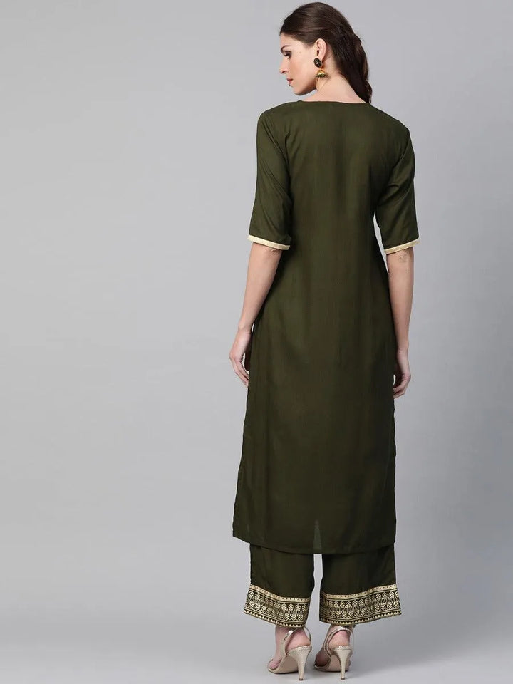 Olive Green Printed Rayon Kurta Set - Libas