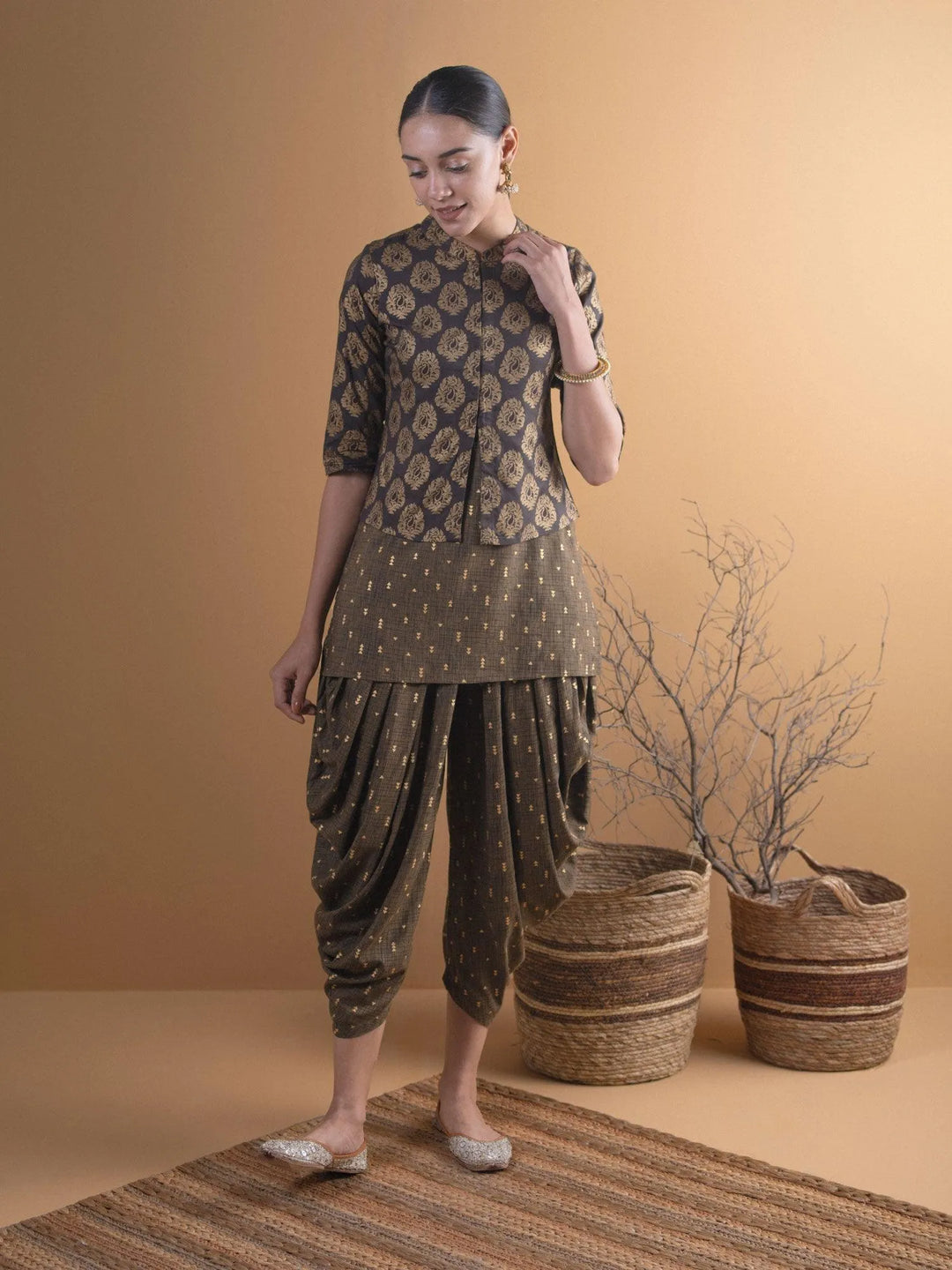 Olive Printed Rayon Straight Kurta With Salwar & Shrug - Libas 