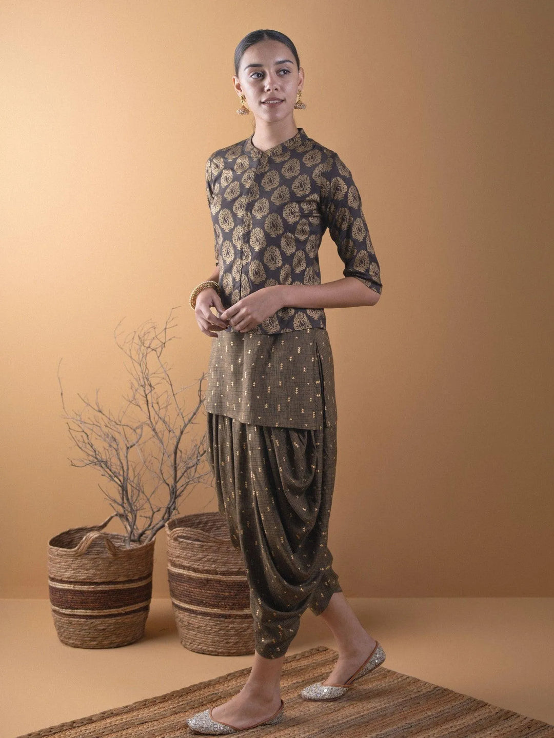 Olive Printed Rayon Straight Kurta With Salwar & Shrug - Libas 