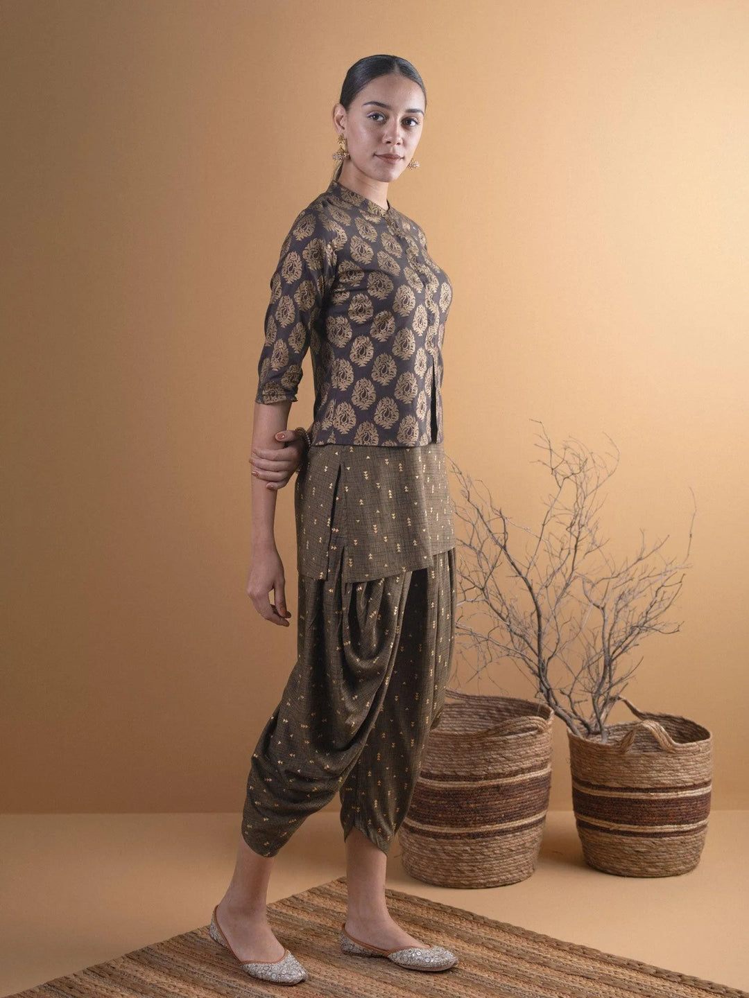 Olive Printed Rayon Straight Kurta With Salwar & Shrug - Libas