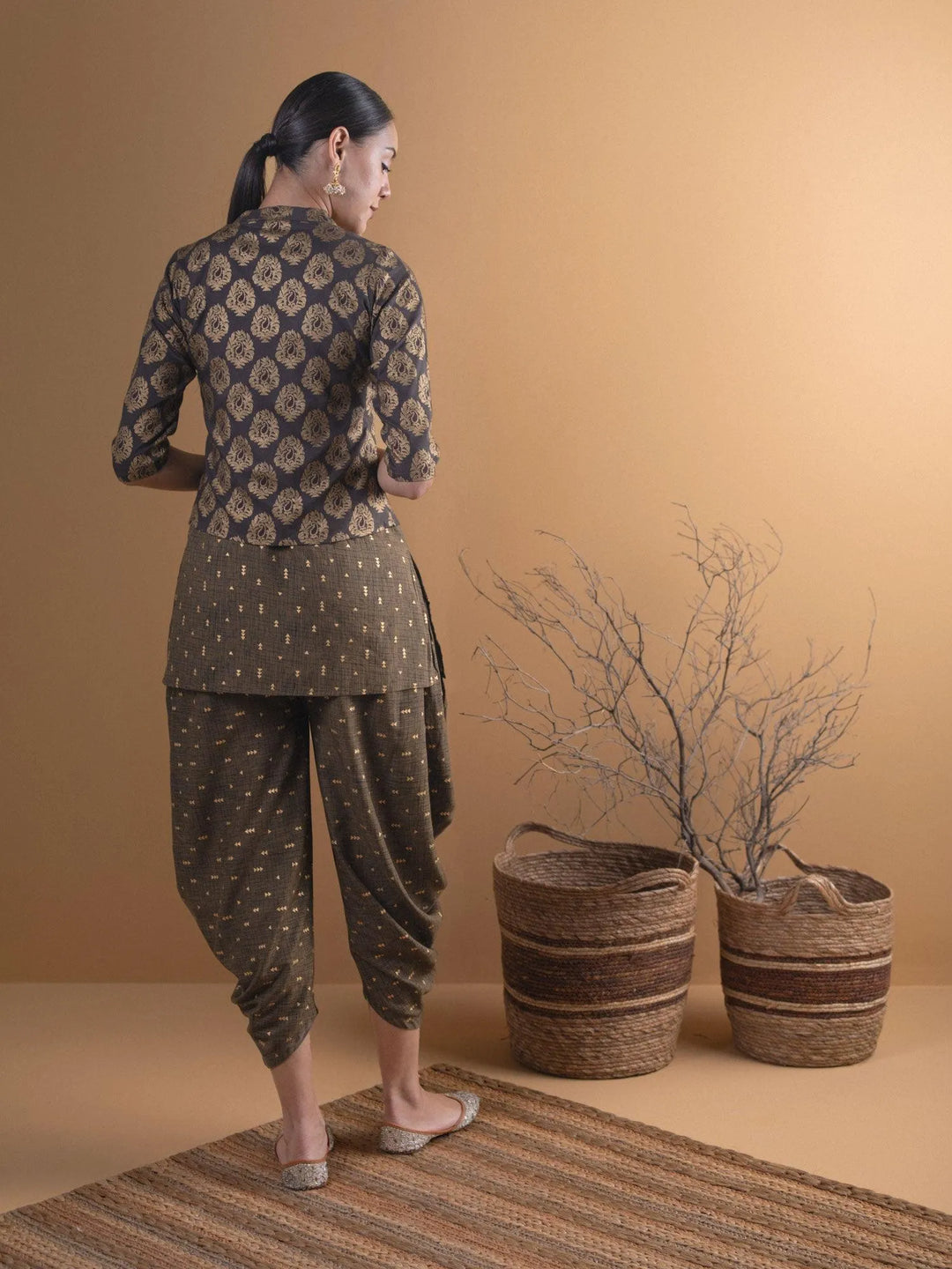 Olive Printed Rayon Straight Kurta With Salwar & Shrug - Libas 