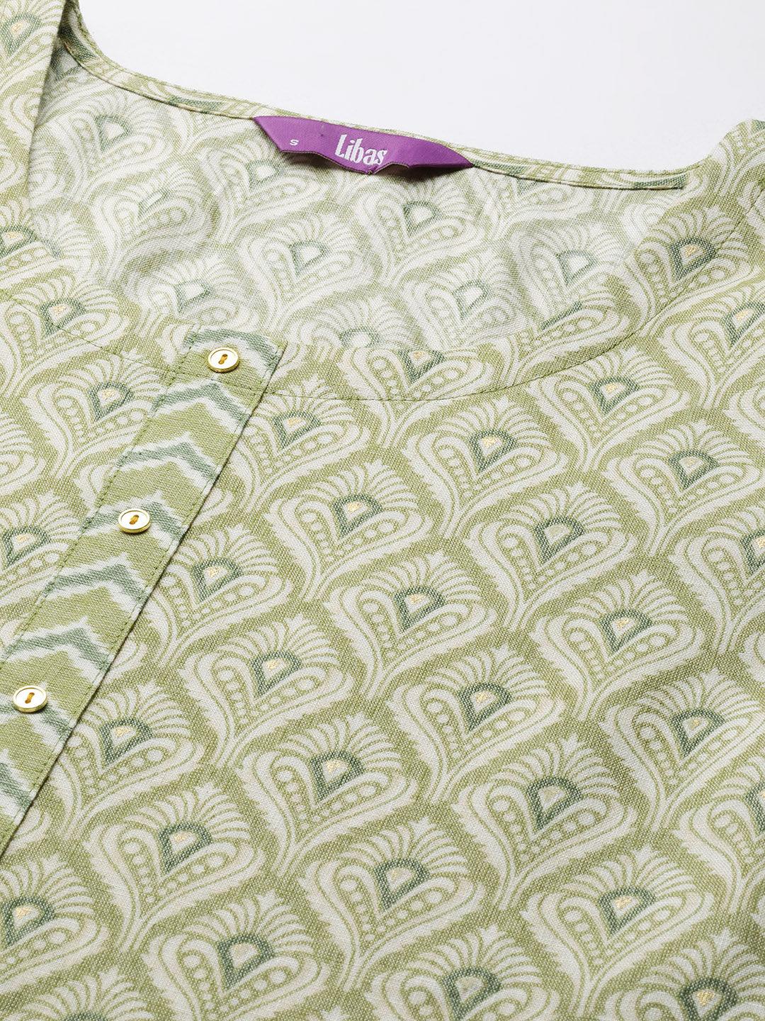 Olive Printed Rayon Straight Kurta With Trousers & Dupatta
