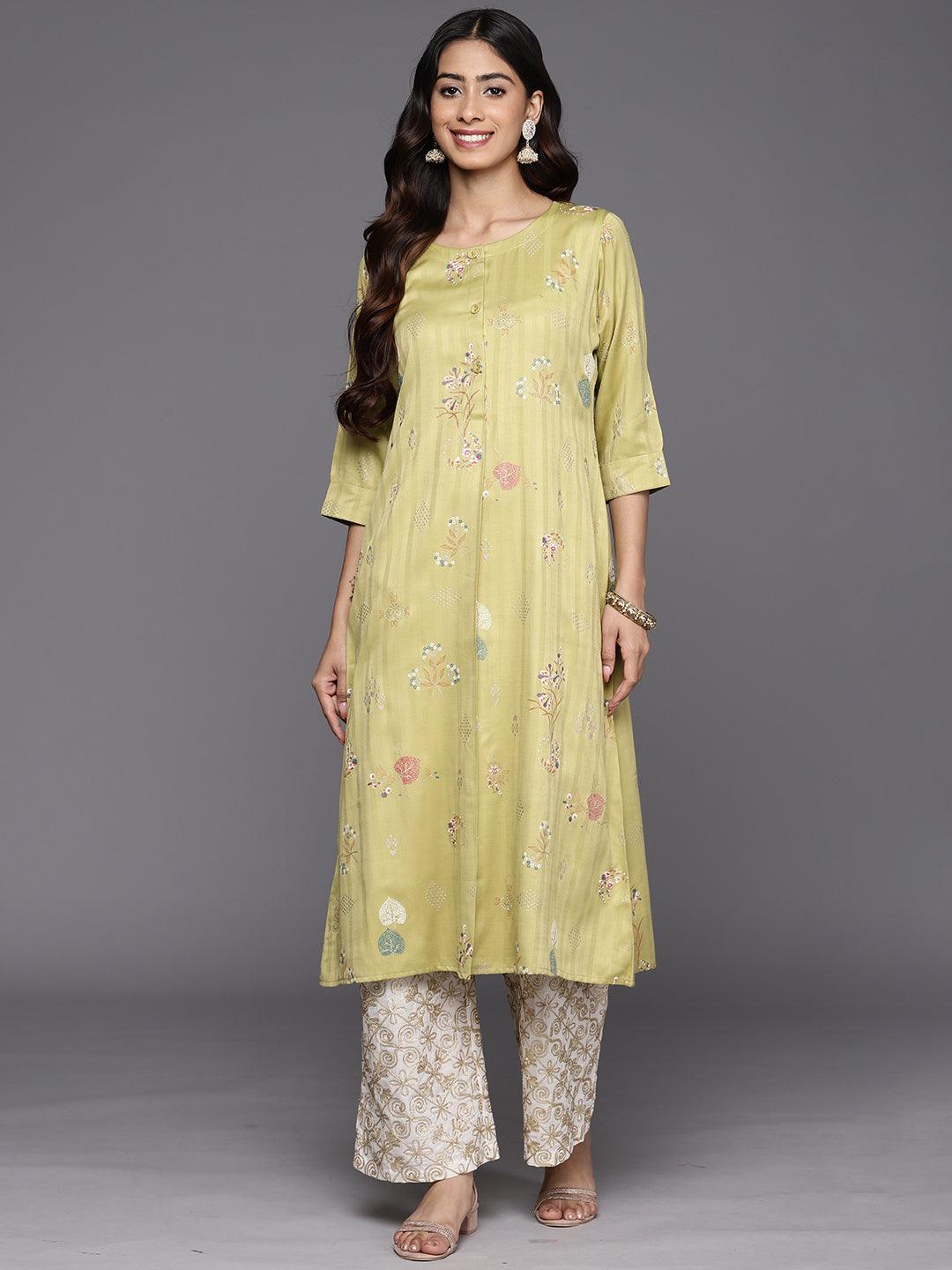 Olive Printed Silk A-Line Kurta - Libas