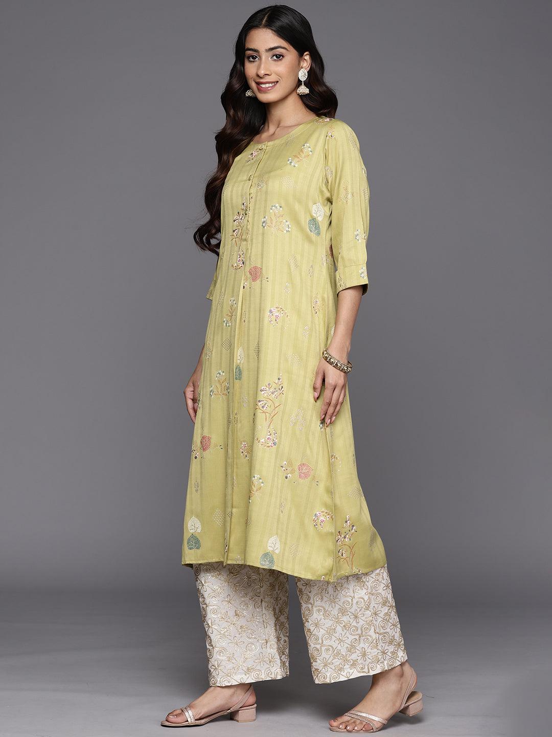 Olive Printed Silk A-Line Kurta - Libas